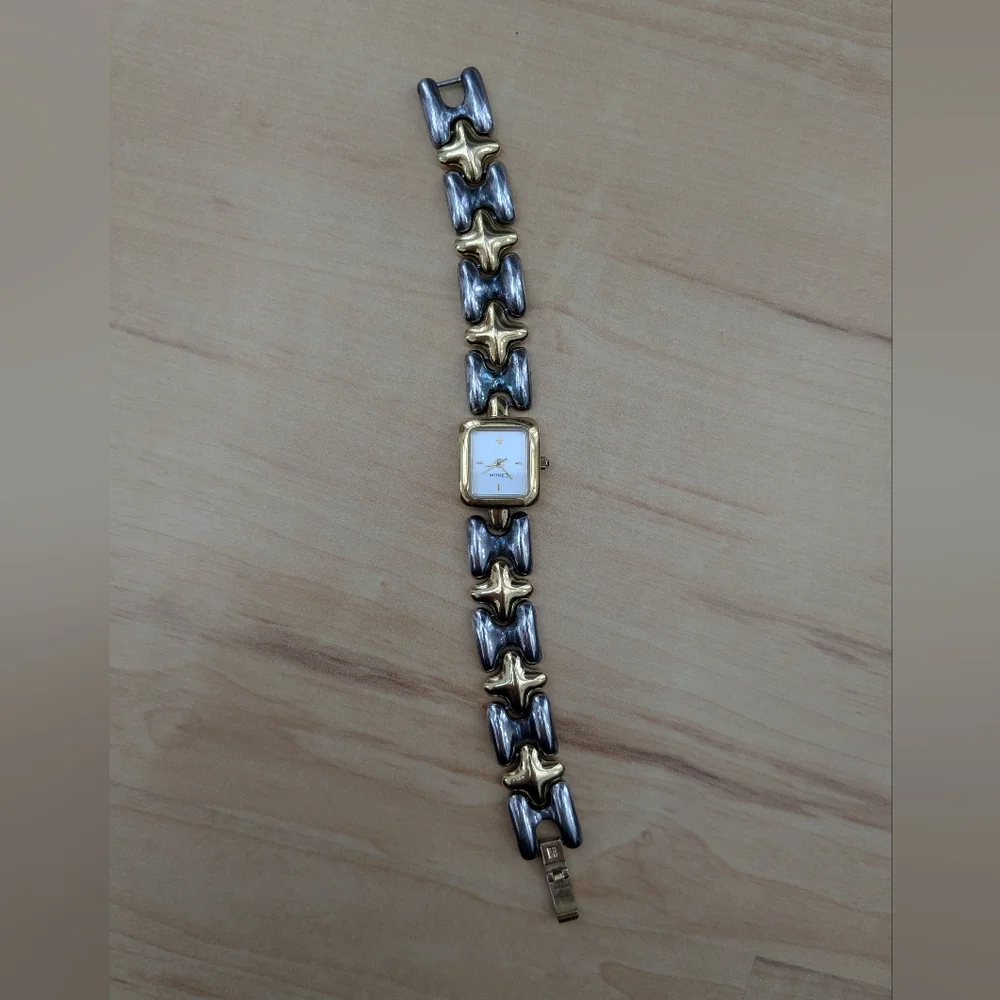 Vintage Monet 1980s Two-Tone Gold and Silver Sculptural Link Bracelet Watch - Picture 2 of 11